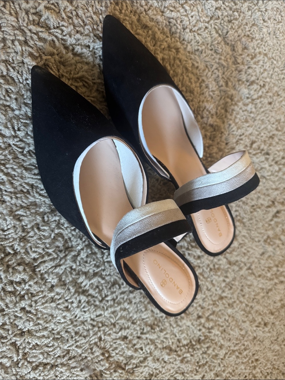 Bandolino Black Pointed-Toe Mules with Silver Strap